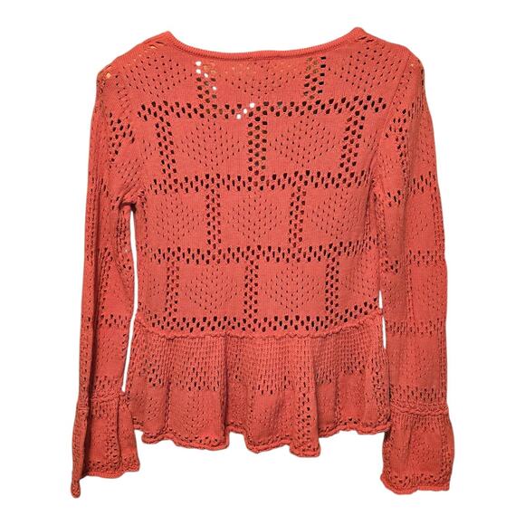 Pilcro Crochet Open Knit Pointelle Sweater Womens S Coral Bell Sleeve Peplum Hem - Picture 2 of 9